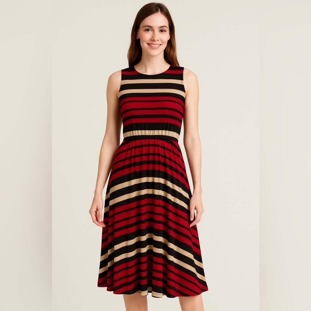 Robbie Bee Black Red Tan Striped Midi Dress Size PS – Strapless Stretch Knit